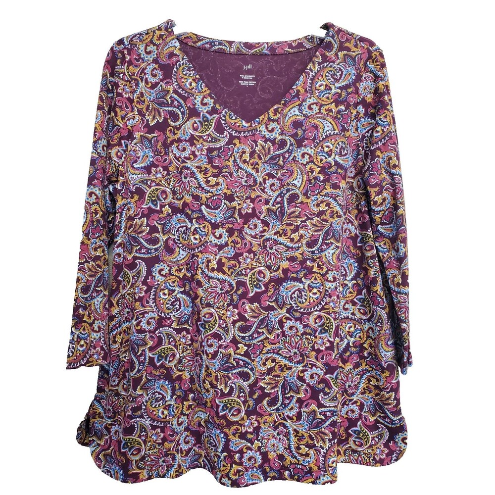 J. Jill 100% Pima Cotton Purple Paisley 3/4 Sleeve V-Nect T-Shirt Size L NWT
